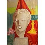 Sarantis Karavousis (Greek, 1938 - 2011) (AR), Marble Greek bust with pink rose and oil lamp, pastel