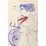 Alekos Fassianos (Greek, born 1935) (AR), Cyclist with Scarf, Mixed media on paper, 23 x 15 cm.