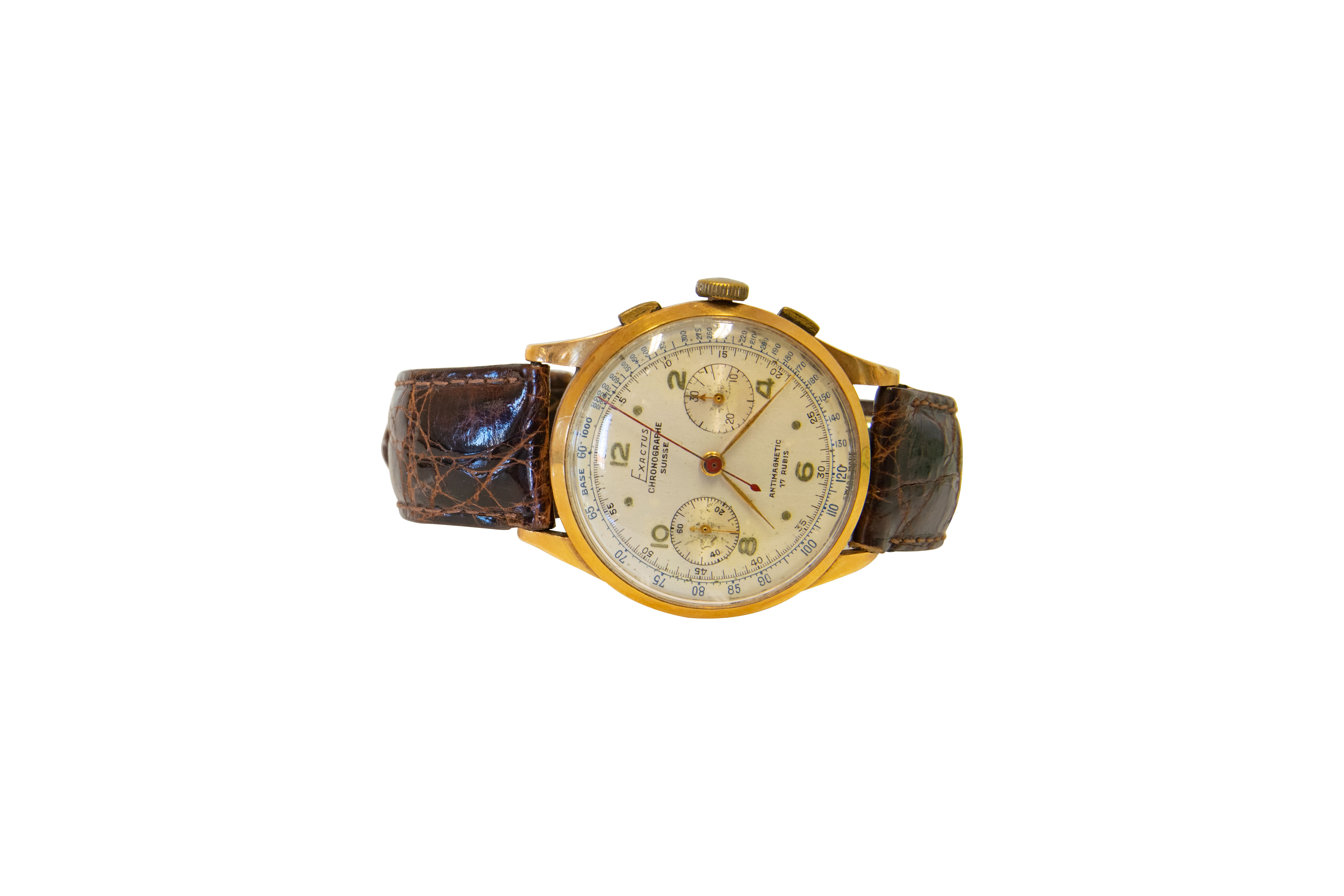 A gentleman's Exactus Chronograph Suisse Antimagnetic 17 Rubis wristwatch circa 1970. 18K yellow