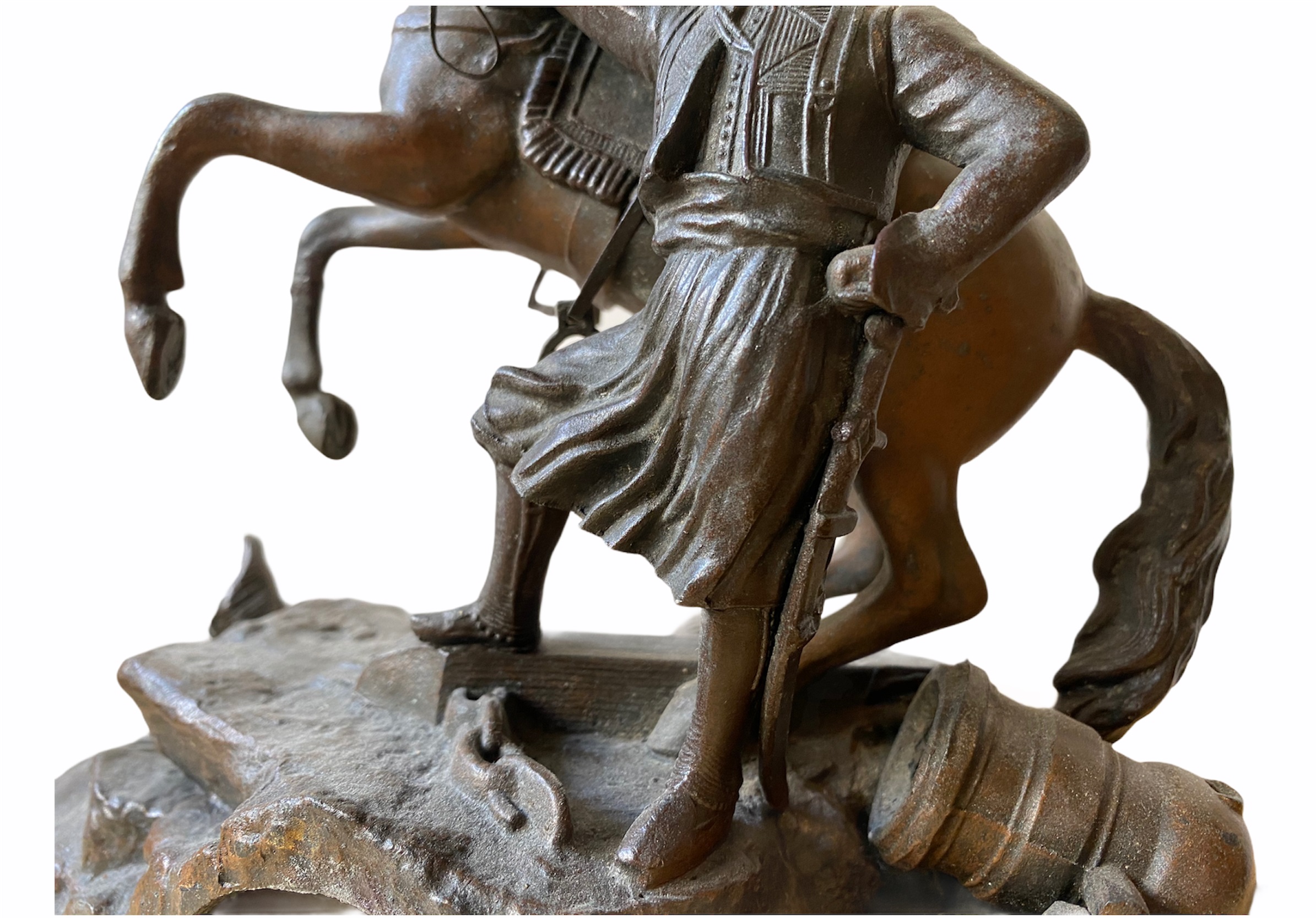 A spelter sculpture of a soldier, probably Greek or Turkish holding his horse. 23 cm (H) x 23 cm (W) - Image 2 of 3