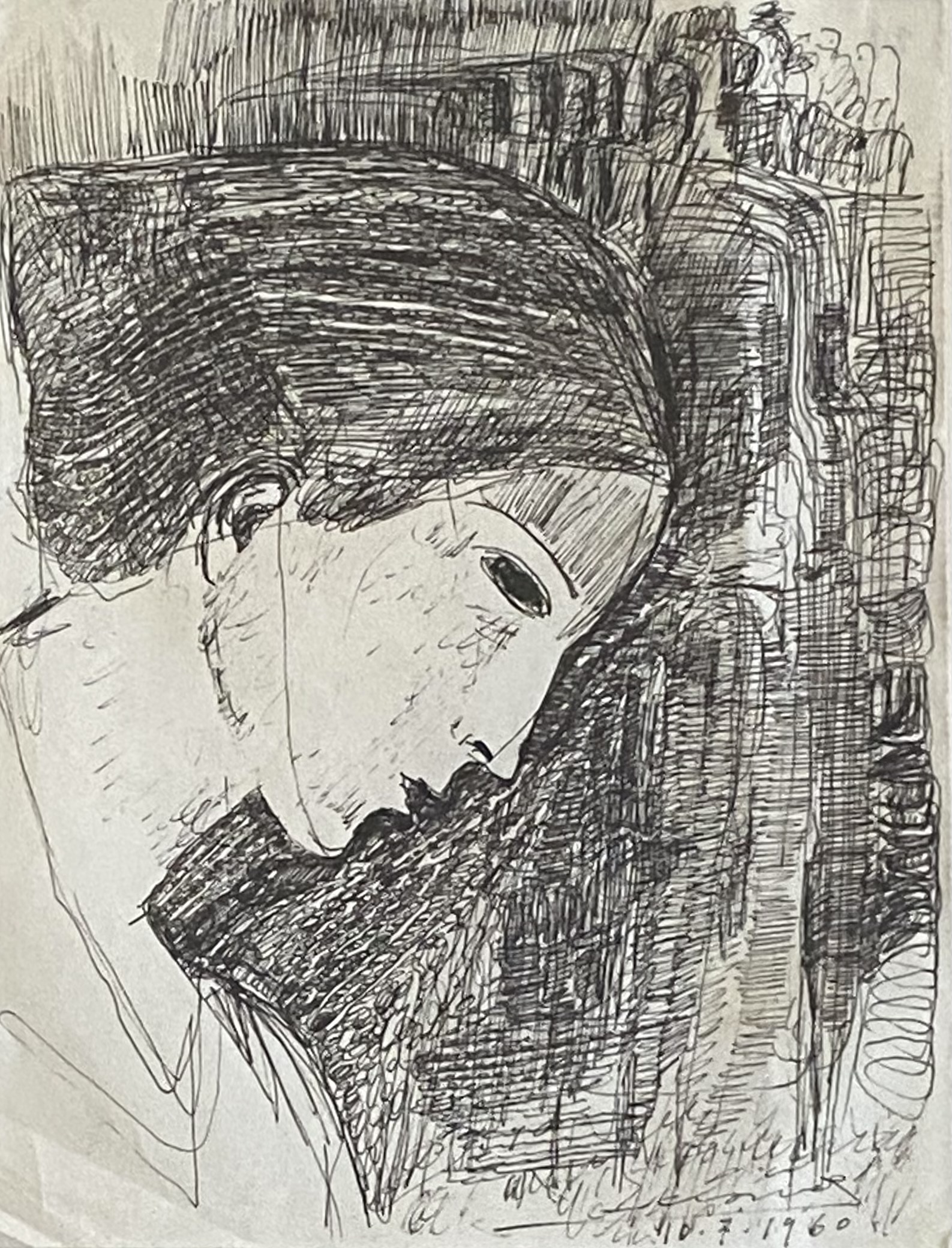 Yerassimos Sklavos (Greek, 1927-1967) (AR), untitled, 10.7.1960, ink on paper. 17.5 x 13 cm.