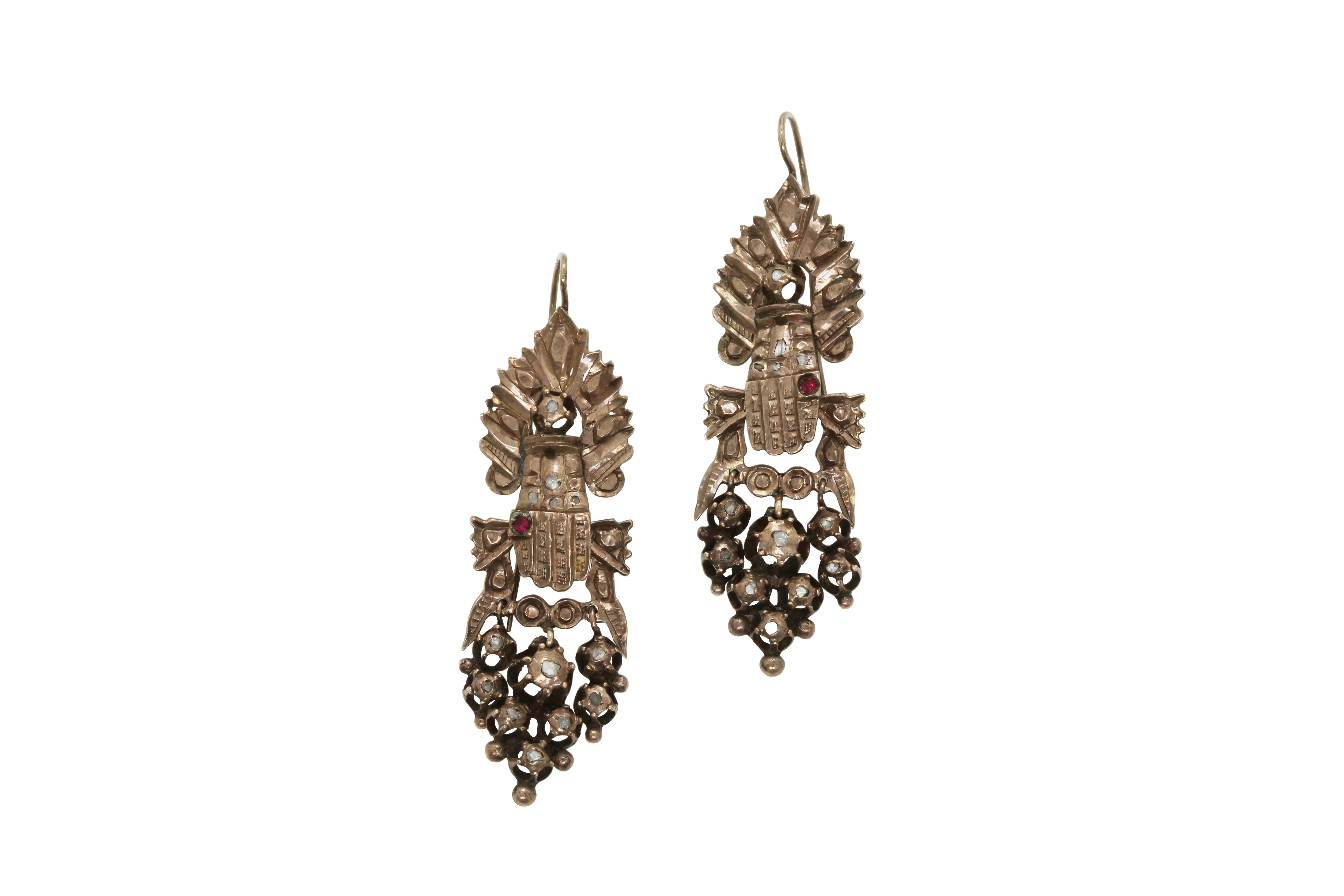 A pair of early 20th century Constantinople white gold earrings with diamonds