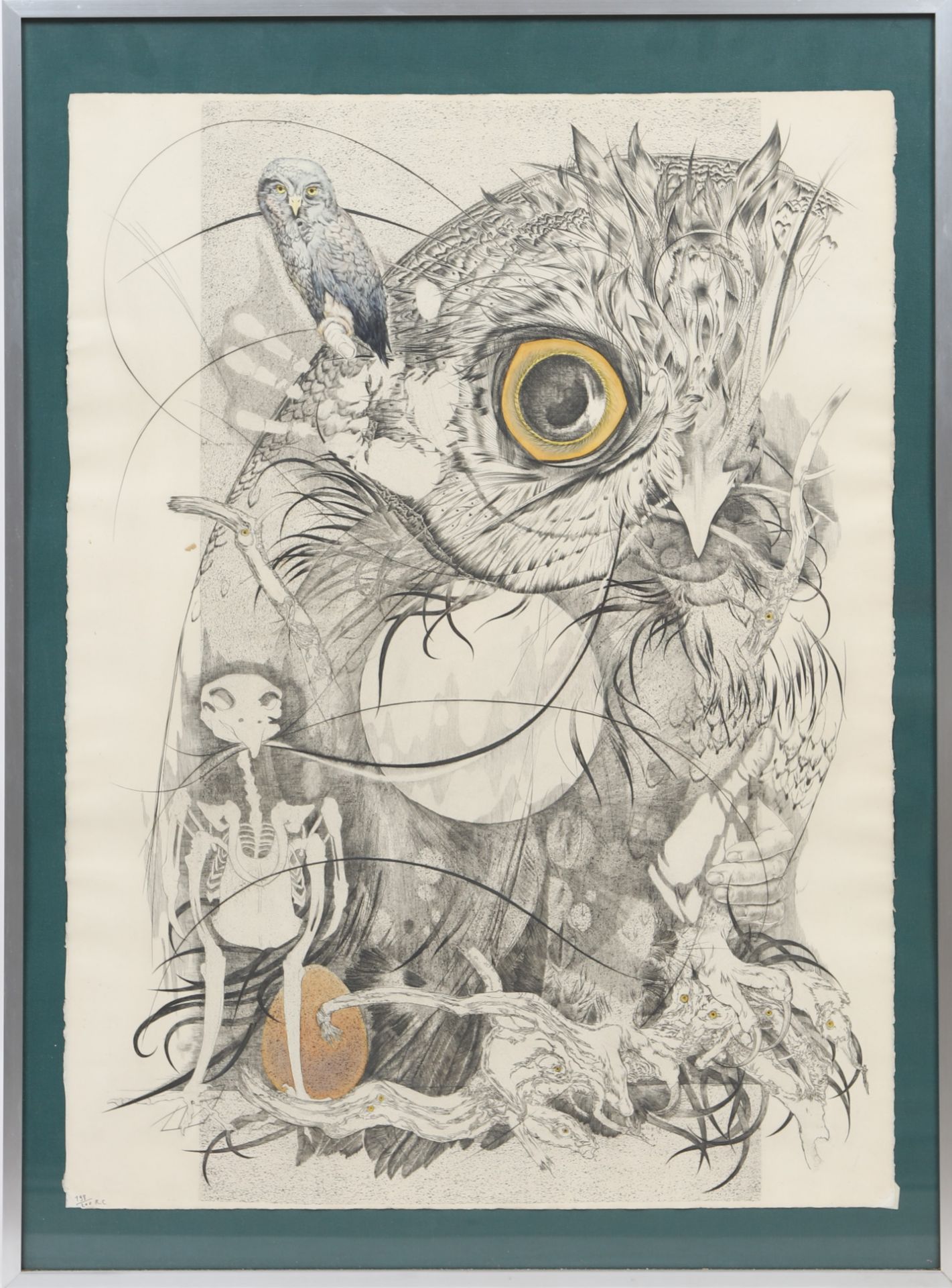 Hibou Lithographie polychrome encadrée sous verre. Signé CR et numéroté 198/200 [...]