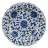 CHINESE BLUE AND WHITE LOBED PORCELAIN DISH, 18th CENTURY