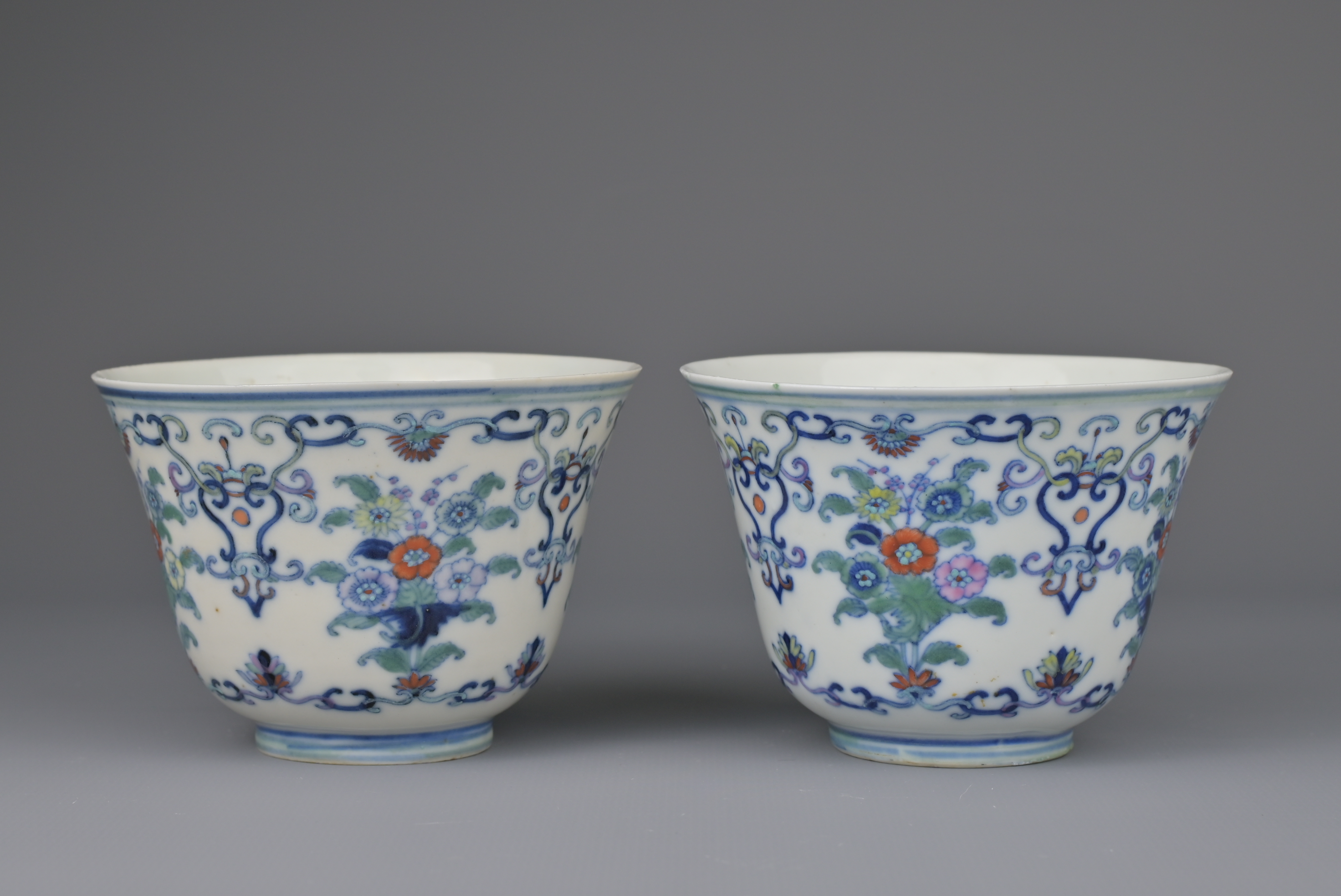 FINE PAIR OF CHINESE DOUCAI PORCELAIN WINE CUPS, YONGZHENG MARK AND PERIOD, 18th CENTURY - Image 4 of 8