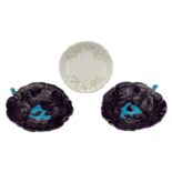 PAIR OF CHINESE AUBERGINE GLAZED PORCELAIN BRUSH WASHERS WITH BLANC DE CHINE DISH, 18/19th CENTURY,