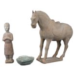 CHINESE TANG POTTERY HORSE AND FIGURE WITH HAN DYNASTY EAR CUP