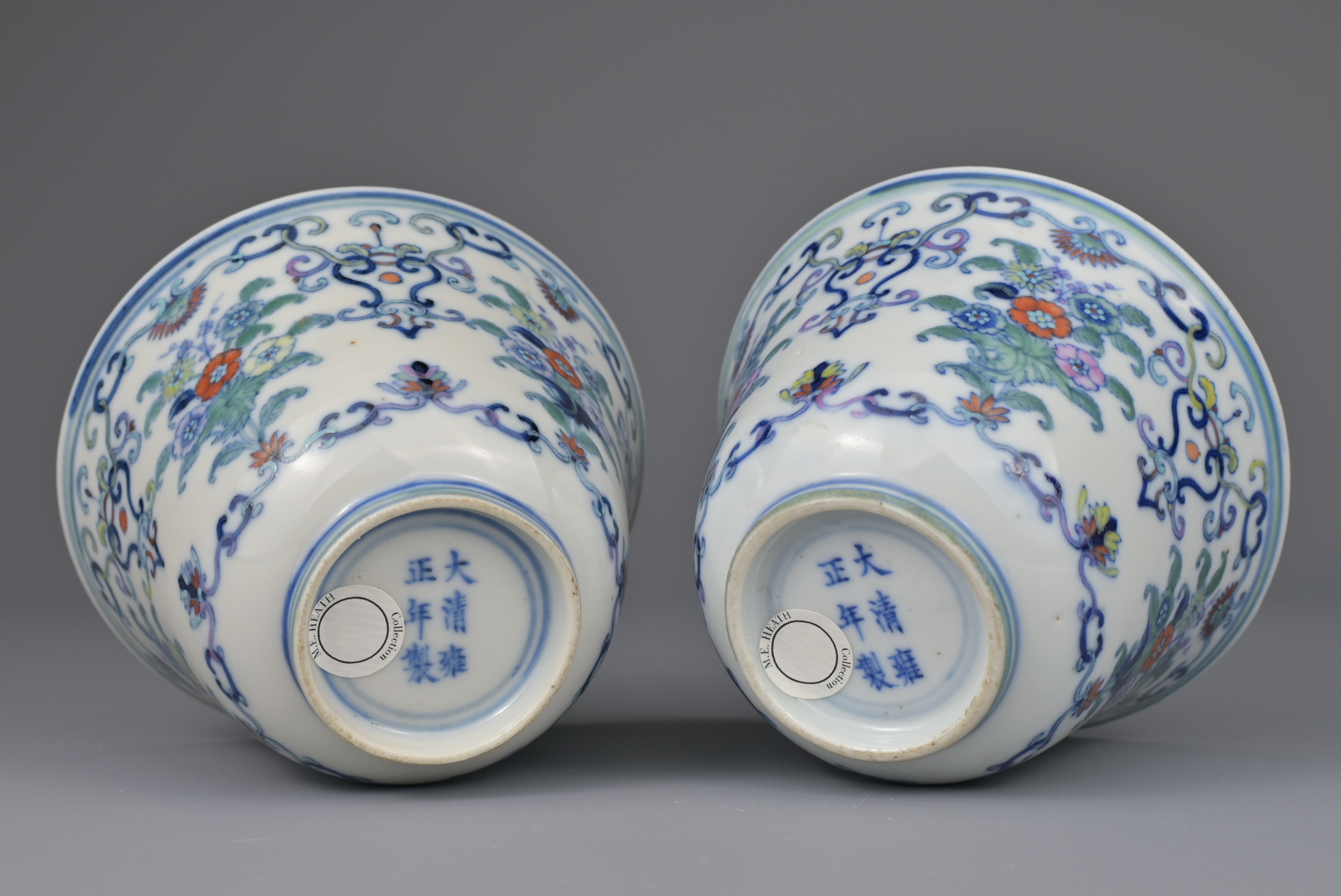 FINE PAIR OF CHINESE DOUCAI PORCELAIN WINE CUPS, YONGZHENG MARK AND PERIOD, 18th CENTURY - Image 5 of 8