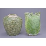 A CHINESE GREEN GLAZED VASE AND PILGRIM FLASK