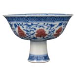 CHINESE UNDERGLAZE BLUE AND RED ‘BAJIXIANG’ PORCELAIN LOBED STEM CUP, QIANLONG MARK