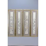 FOUR CHINESE SILK EMBROIDERED WALL HANGINGS DEPICTING ANIMALS AND MYTHICAL CREATURES, ALL IN GILT FR