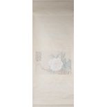 A PRINT OF 'PEONIES' BY YUN NAN TIEN ON A SCROLL