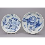 TWO CHINESE BLUE AND WHITE PORCELAIN DRAGON AND PHEONIX PAINTED DISHES