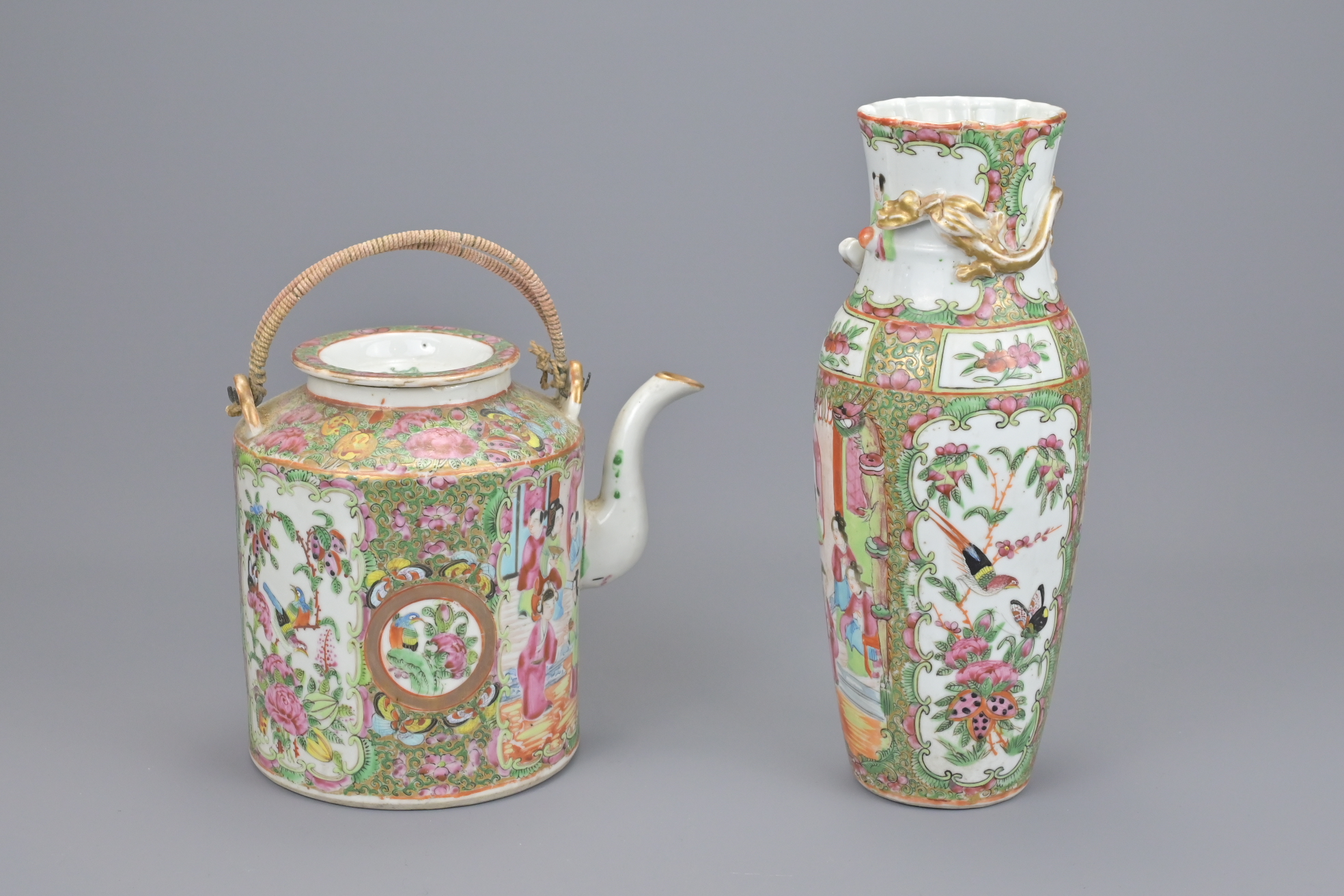 A CHINESE CANTONESE PORCELAIN TEAPOT AND VASE - Image 2 of 3