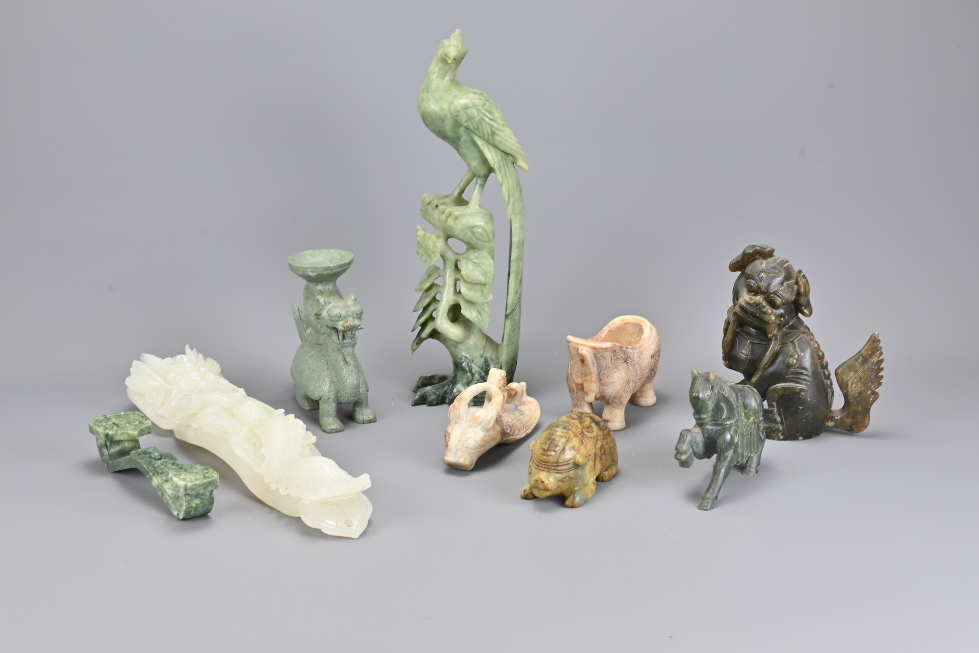 Seven Carved Stone Items and One White Glass Item - Image 2 of 2