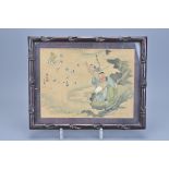 A Chinese Watercolour Painting On Silk of Shoulou and Boy In A Hardwood Frame