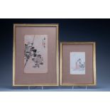 Two Japanese ink paintings on silk in gilt frames. One of flowers and bamboo, the other of a girl