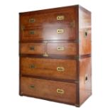 A Chinese hardwood campaign style secretary chest on chest with brass handles and mountings. The top