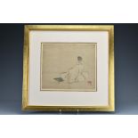 Fine Japanese 19th Century Shijo Drawing - Onishi Chinnen ? featuring a seated man beside a book.