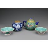 A Chinese painted polychrome teapot together with a vintage blue and white sealed ginger jar and two