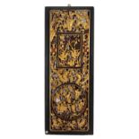 A Chinese carved gilt-lacquer panel depicting figures and dragon with pierced decoration. Height