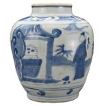 A Chinese 17th Century / late Ming Dynasty blue and white porcelain jar. The jar decorated in