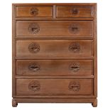 A Chinese hardwood chest of drawers with six drawers and circular carved handles. Height 111 x width