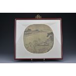 A Chinese framed painting on silk of a mountain and river scene titled 'Enjoying the Moonlight on