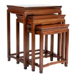 A Chinese hardwood nest of three side tables with stretcher legs. Largest table height 66 x width 51