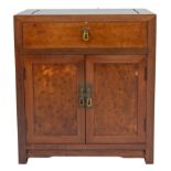 A Chinese hardwood bedside cabinet with drawer and doors and burr veneer. Height 61 x width 56 x