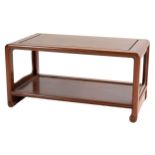 A Chinese two-tier hardwood coffee table with scrolled feet. Height 38 x width 76 x depth 40.5 cm.