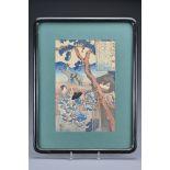 A Japanese framed woodblock print depicting the known work One Hundred Poems by One Hundred Poets by