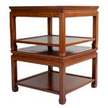 A pair of Chinese hardwood two-tier side tables. Height 40.5 x width 61 x depth 61 cm. Together with