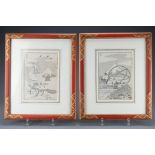 Two Japanese prints on paper depicting people and animals with Mount Fuji behind. Approx. 28 x 33 cm