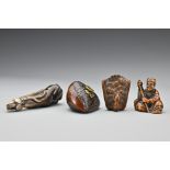 Four Japanese netsuke. To include a mouse on basket of mushrooms, Meiji period. A boxwood netsuke of