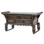 A Chinese three-drawer altar table on four stretched legs with metal mounts. Height 36.5 x width x