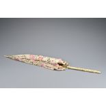 A Chinese parasol with carved ivory handle and end top and a floral patterned canopy. length approx.