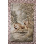 A large Vintage Japanese Wool Embroidery Wall Hanging of Two Lions with maker's signature