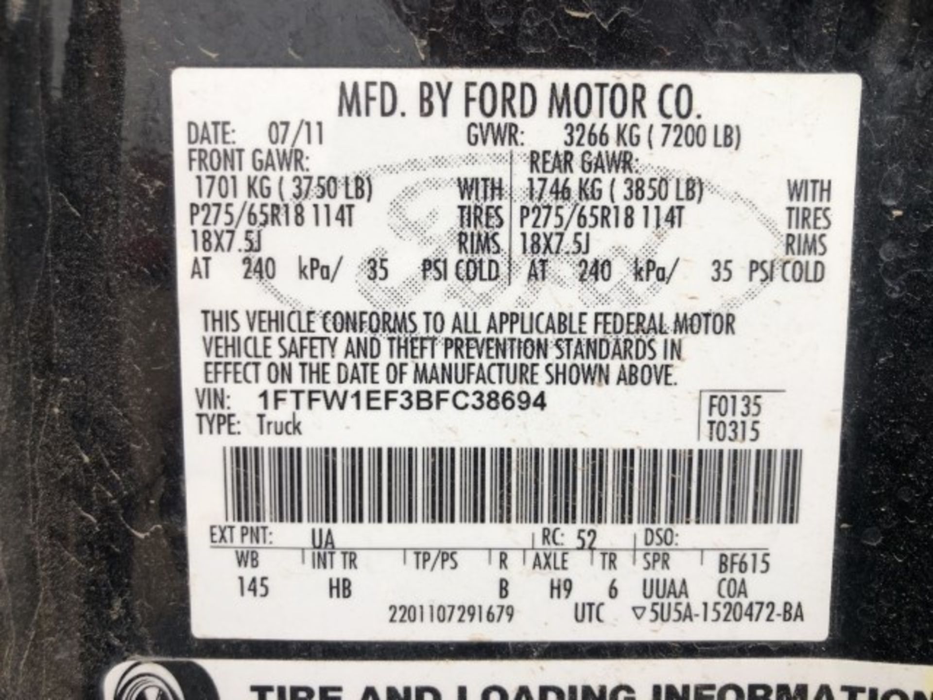 2011 FORD F-150 Lariat VIN: 1FTFW1EF3BFC38694 Odometer States: 265446 Color - Image 6 of 6