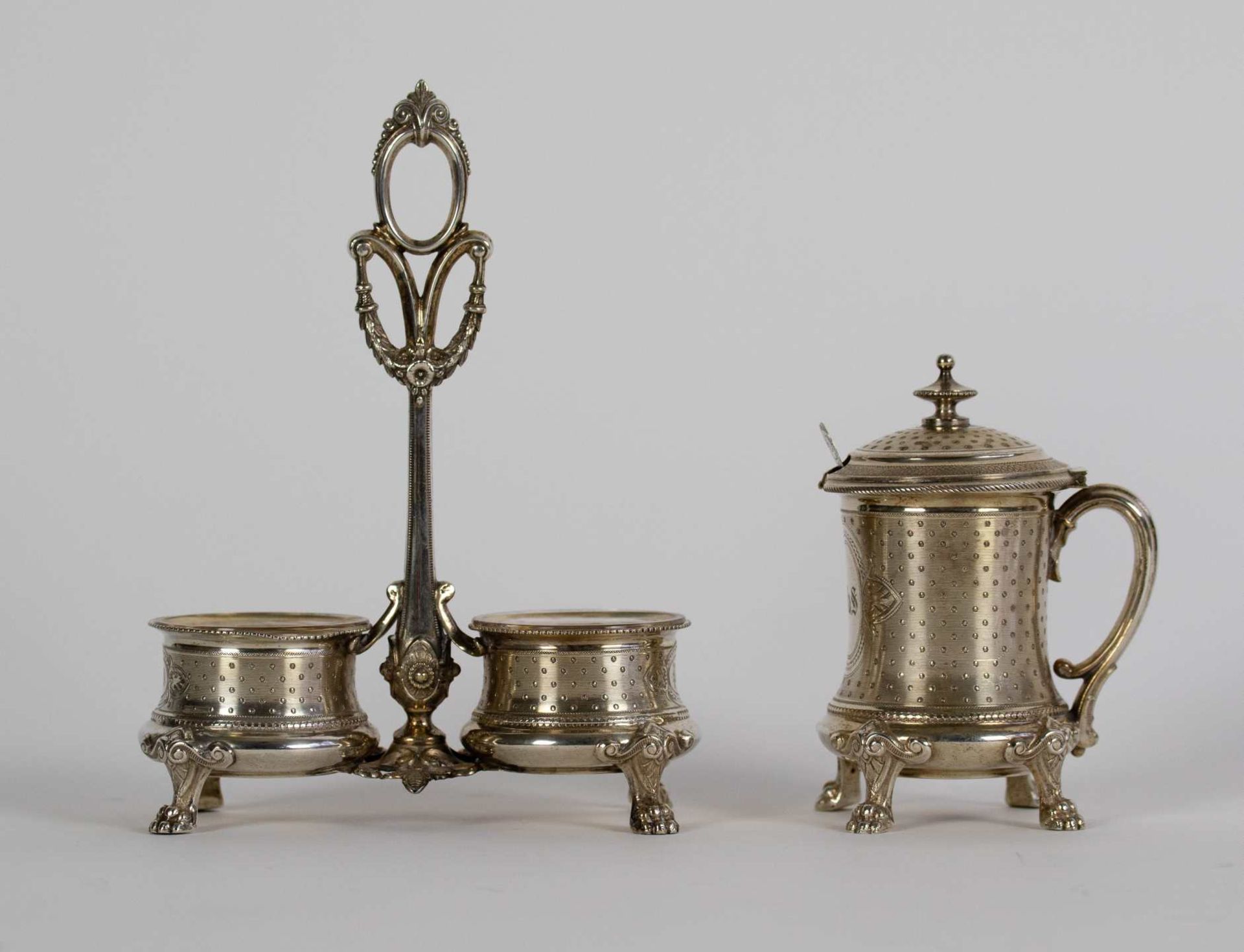 Silver salt and peper set + mustard jar