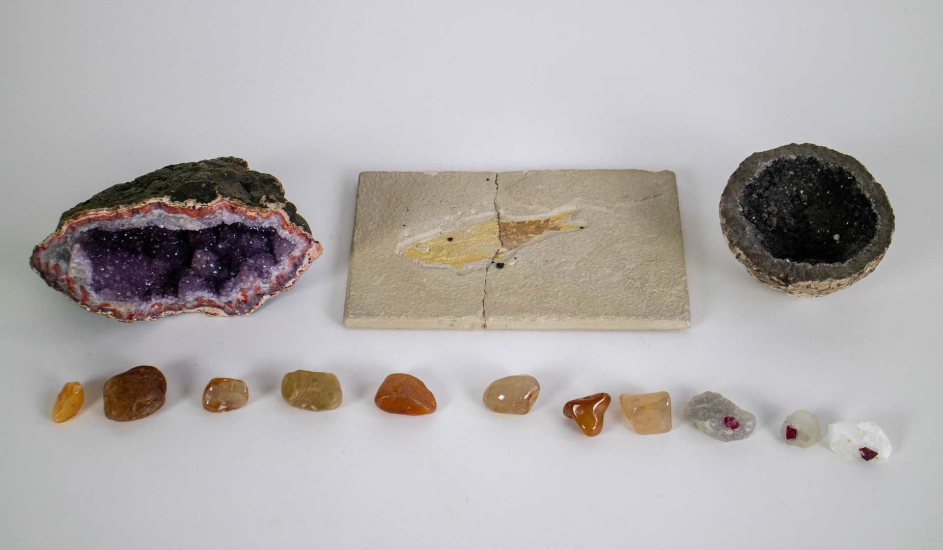 Lot with a fish fossil , amethyst and crystal