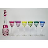 Val Saint Lambert crystal decanter + 6 colored crystal glasses