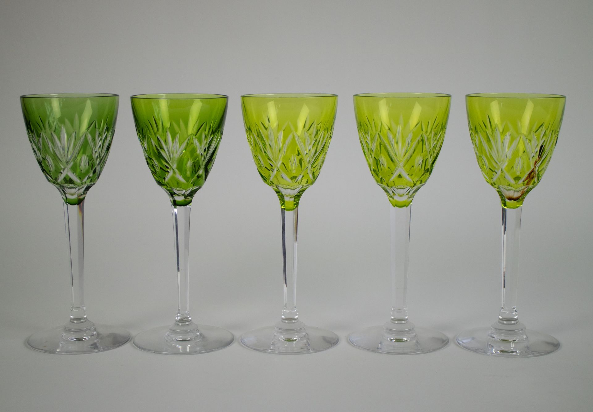 Lot with 5 green crystal Val Saint Lambert wine glasses