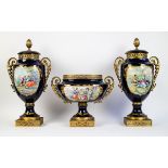 3 cobalt blue Sèvres vases with bronze fittings