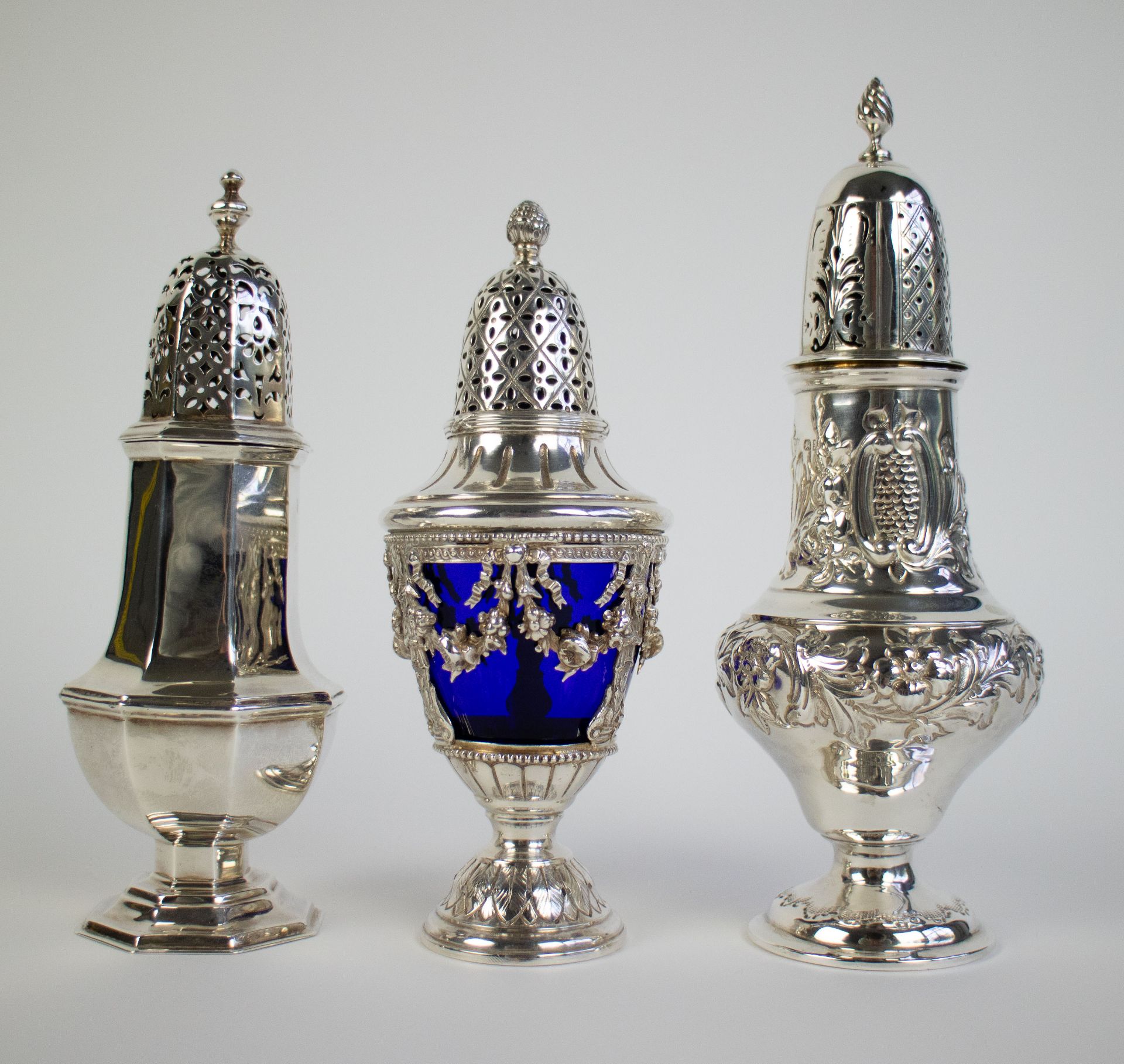 3 silver sugar caster