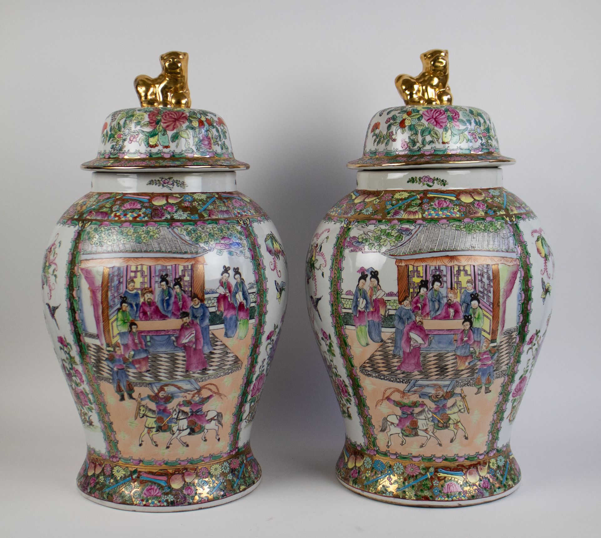 Pair Chinese lidded famille rose vases