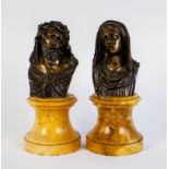 Lot with 2 bronze Marie & Christ on a marble base