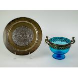 Silver dish (Sterling) and mouth-blown blue glass decorative coupe