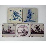 A collection of 5 Delft tiles
