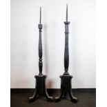 2 wooden black candle sticks 19th C.